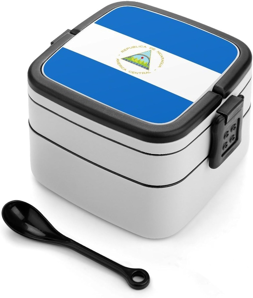 Flag Of Nicaragua Portable Double-layer Bento Box with Spoon Unisex