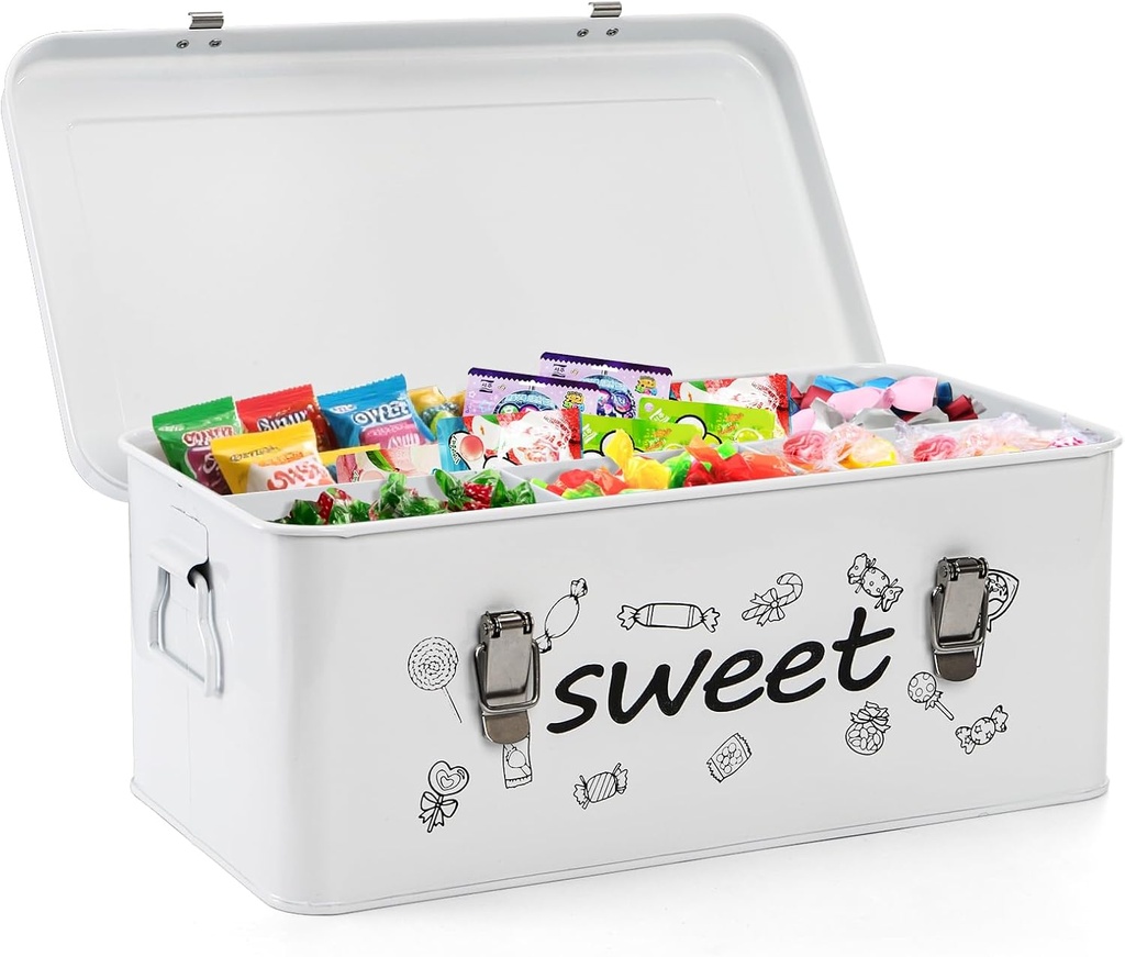 Frcctre Candy Storage Box, 4 Compartments Metal Candy Cookies Snacks Storage Tin Box with Lid Food Storage Container Farmhouse Kitchen Pantry Canister with Handle and Safety Lock