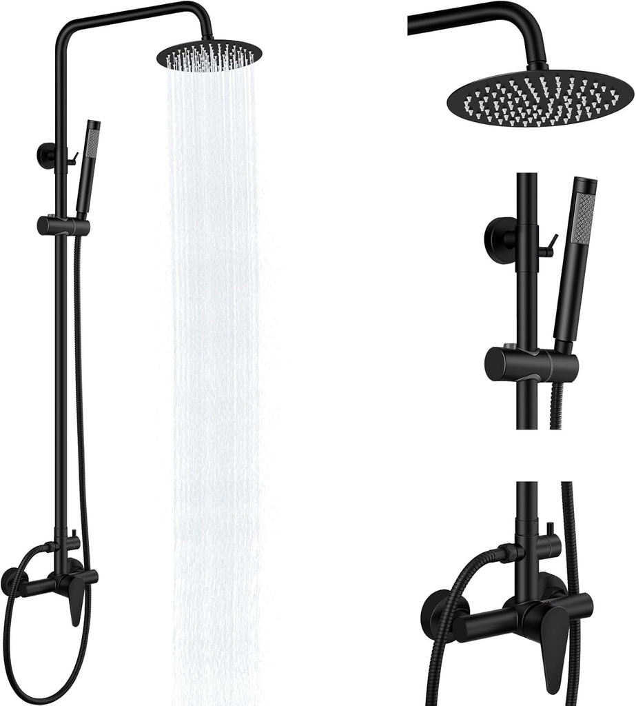 Outdoor Shower Kit,Outdoor Shower Fixtures Faucet System Single Handle Brass Valve,8 Inch Rainfall Shower Head and Handheld Spray Dual Function Wall Mount SUS304 Matte Black