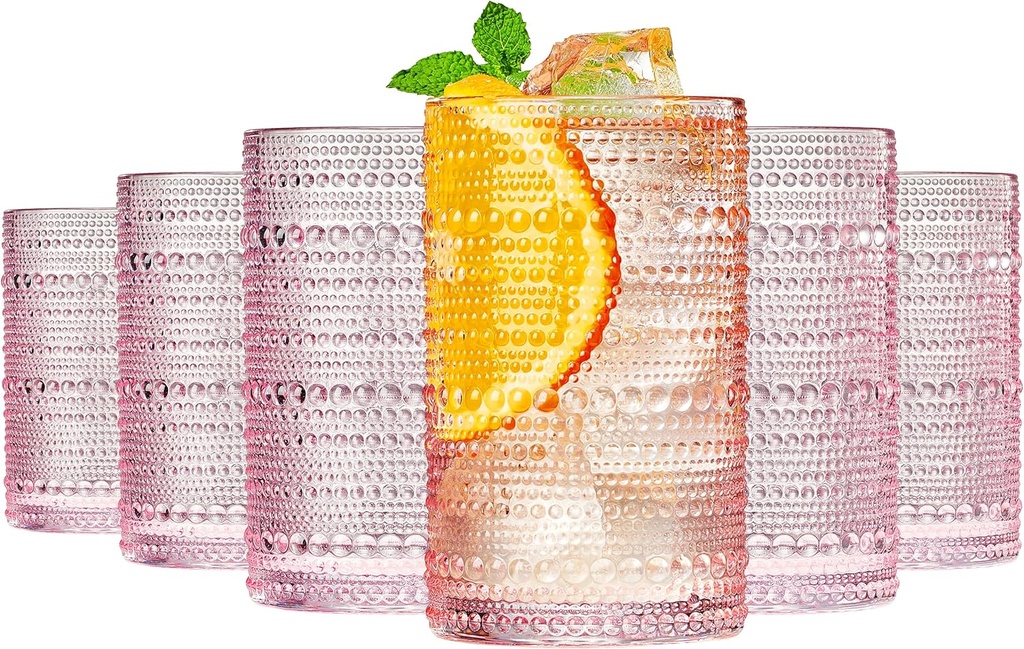 Khen Hobnail Beaded Highball Drinking Tumbler Glasses | Set of 6 | Pastel Pink, Vintage Bubble Whiskey Glassware, Embossed Cocktail, Water, Rocks Glass