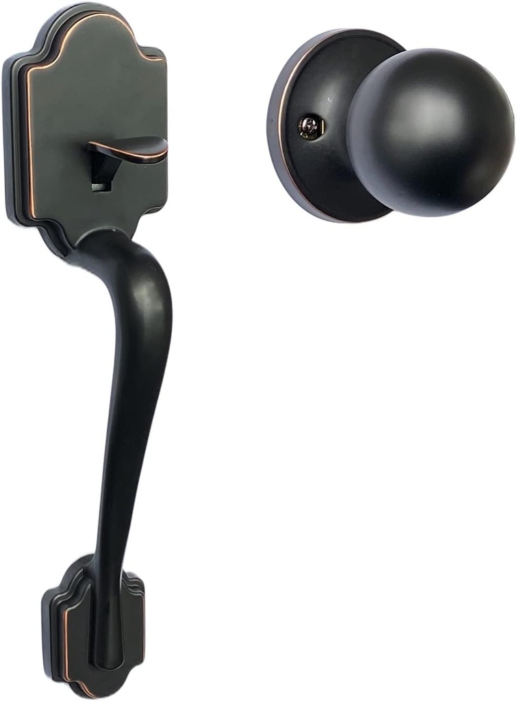 SCYAN Front Door Entry Handleset with Knob, H4 Single Latch Exterior Door Entry Handle with Door Knob, Entry Door Lock Handle Set Non Handed for Left and Right Handed Doors (Aged Bronze)
