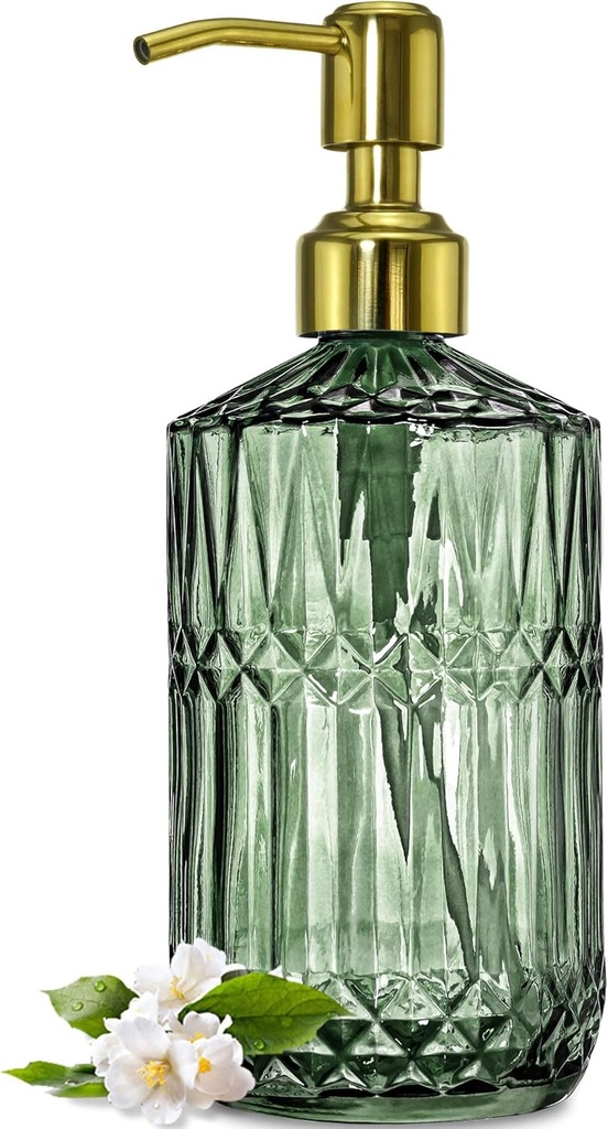 JASAI 18Oz Green Glass Soap Dispenser with Gold Rust Proof Pump, Refillable Kitchen soap Dispenser for Dish Soap, Soap Dispenser Bathroom for Hand soap, Lotion, Body Wash.