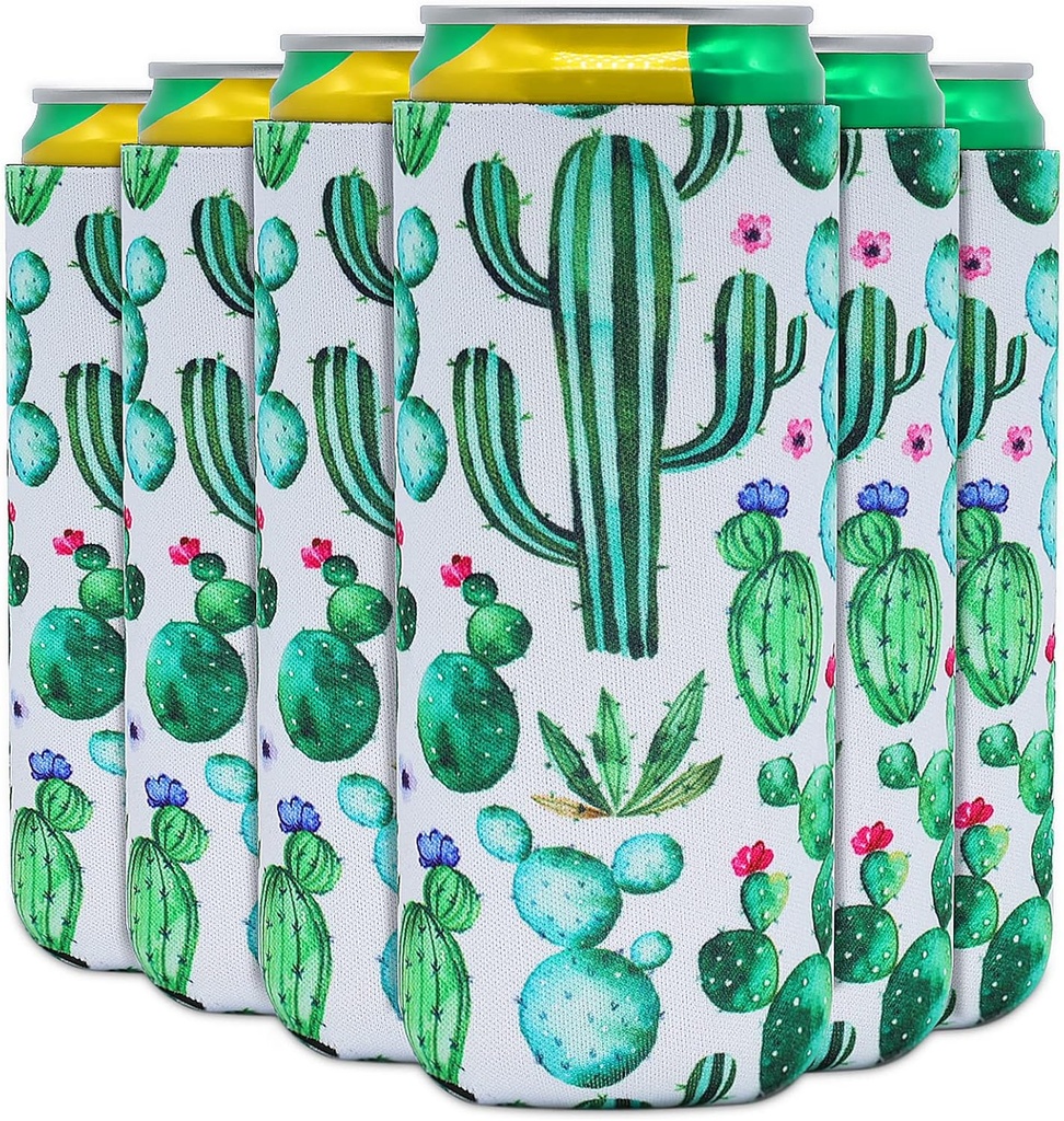 6 Pack Slim Can Coolers Skinny Can Sleeve 12oz Insulator Can Cooler Soft Neoprene Skinny Beer Coolies Cover Thick Tall Beverage Holder Bag for Energy Drink & Beer Cans, Cactus