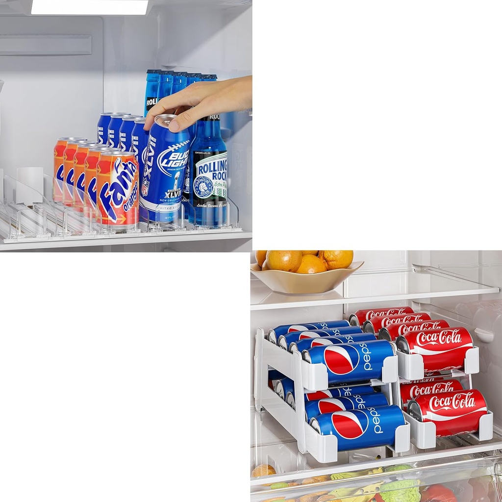 LAMU Drink Organizer for Fridge, 2 Pack Soda Can Organizer, Width Adjustable, 5 Rows, Holds 25 Standard Cans, Metal Rods, Acrylic