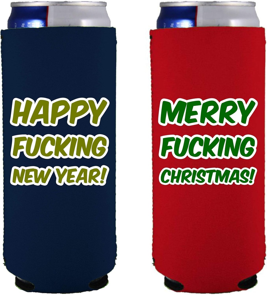 Merry Fucking Christmas Happy Fucking New Year Slim Can Coolie (Multi (Christmas & New Year), 2 Pack)