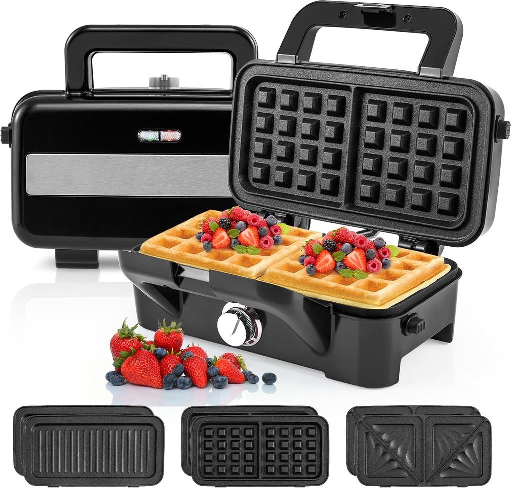 BECOMFORT 3 in 1 Waffle Maker, Sandwich Press w/3 Removable Non-stick Plates, Indicator Lights, Cool Touch Handle, Sandwich Maker & Panini Press w/5-gear Temperature Control for Breakfast Steak