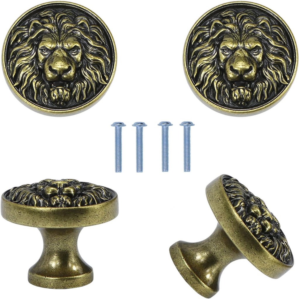 Cabinet Knobs Antique Lion Head Drawer Pulls Gold Animal Knobs Dresser Drawer Knobs and Pulls Single Hole for Kitchen Cupboard Handles 4 Pcs (Green Bronze)