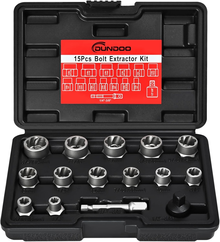 Bolt Extractor Set, 15PCS Easy Out Bolt Extractor Kit, 3/8" Drive Impact Stripped Bolt Remover Extractor Socket Set Tool for Rusted, Rounded, Damaged Nuts