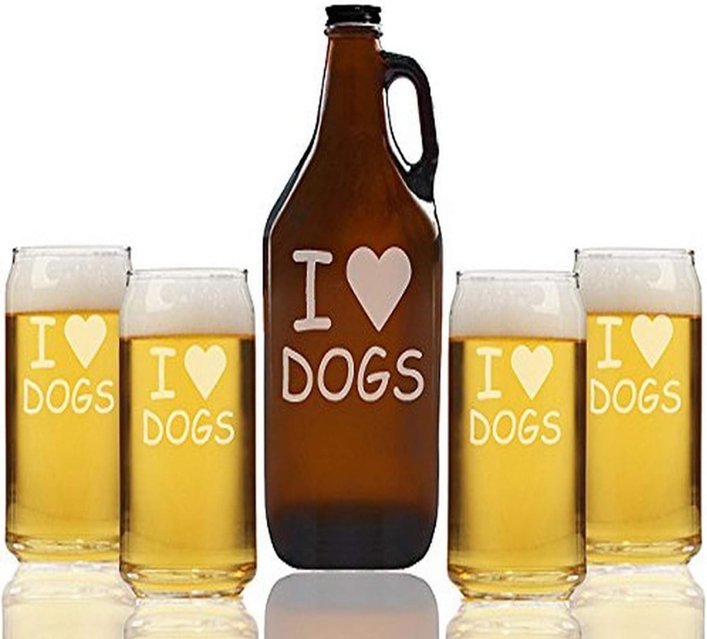 "I love Dogs" Beer Amber Growler & Can Glasses, Set of 5