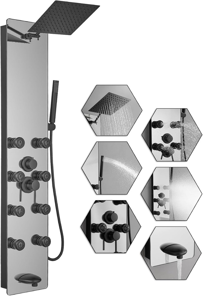Shower Panel Tower System, 10" Adjustable Rainfall Shower, 8 Body Massage Jets, Glass Shower Panel, Wall Mounted