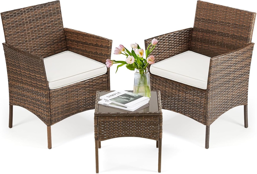 DUMOS Patio Furniture Set 3 Pieces, Outdoor Wicker Furniture with Coffee Table, Modern Rattan Patio Chairs Conversation Sets with Sofa for Garden, Terrace, Porch, Balconies, Lawns, Brown