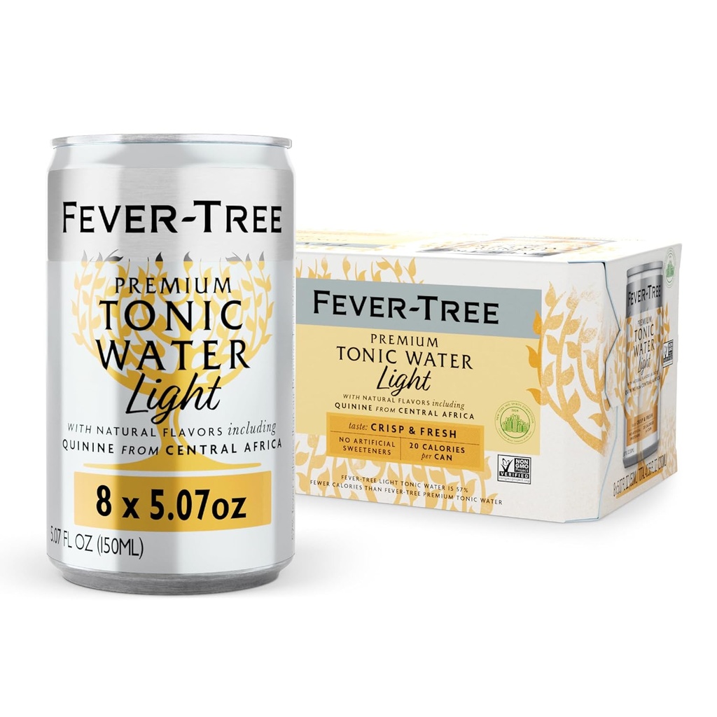 Fever-Tree Light Tonic Water - Premium Mixer - Refreshing Beverage for Cocktails & Mocktails. Naturally Sourced Ingredients, No Artificial Sweeteners or Colors - 5.1 Fl Oz Cans -Pack of 8