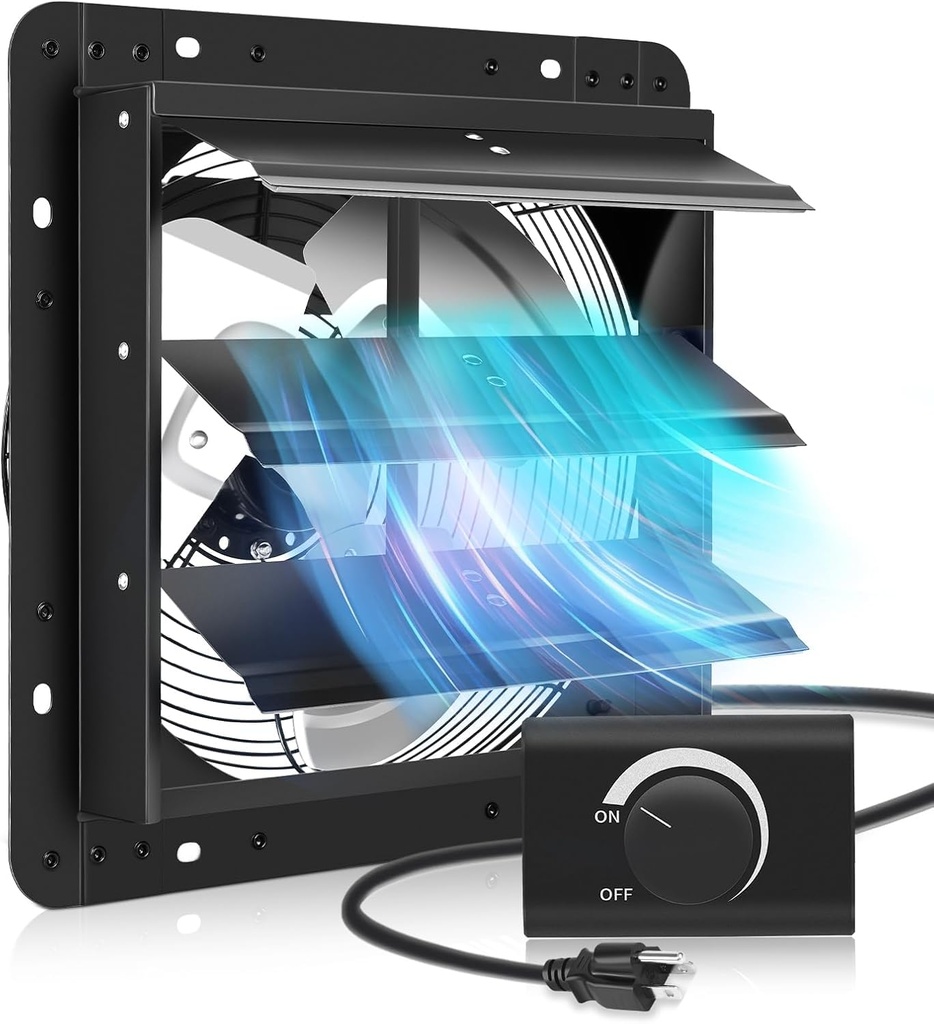 FAREAST 12 Inch Garage Exhaust Fan Wall Mounted, Automatic Shutter, Wall Exhaust Fan with Adjustable Speed Controller, 1130 CFM, for Barn, Shed, Chicken Coop, Greenhouse Ventilation (Black)