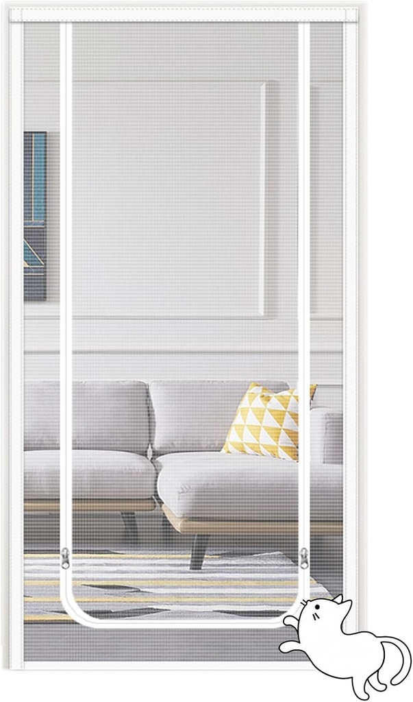 Cat Screen Door 45X79in Pets Proof Screen Door Mesh Door Screen with Zipper for Kitchen Patio Door Curtain Keeps Flies Out Hook & Loop,White