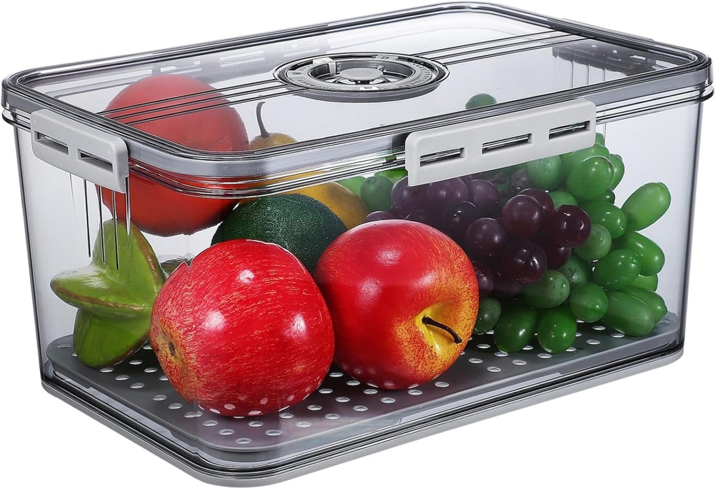 Transparent Food Storage Box with Four Sided Locking and Built In Divider Large Capacity Fresh Keeping Container for Fruits Vegetables Bread and Produce Preservation