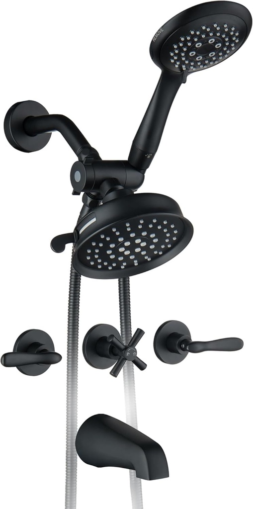 3 Handle Tub Shower Faucet, 3 Knobs Bathtub Faucet Set with Tub Spout, Wall Mount Matte Black Three Handle Shower and Faucet Set