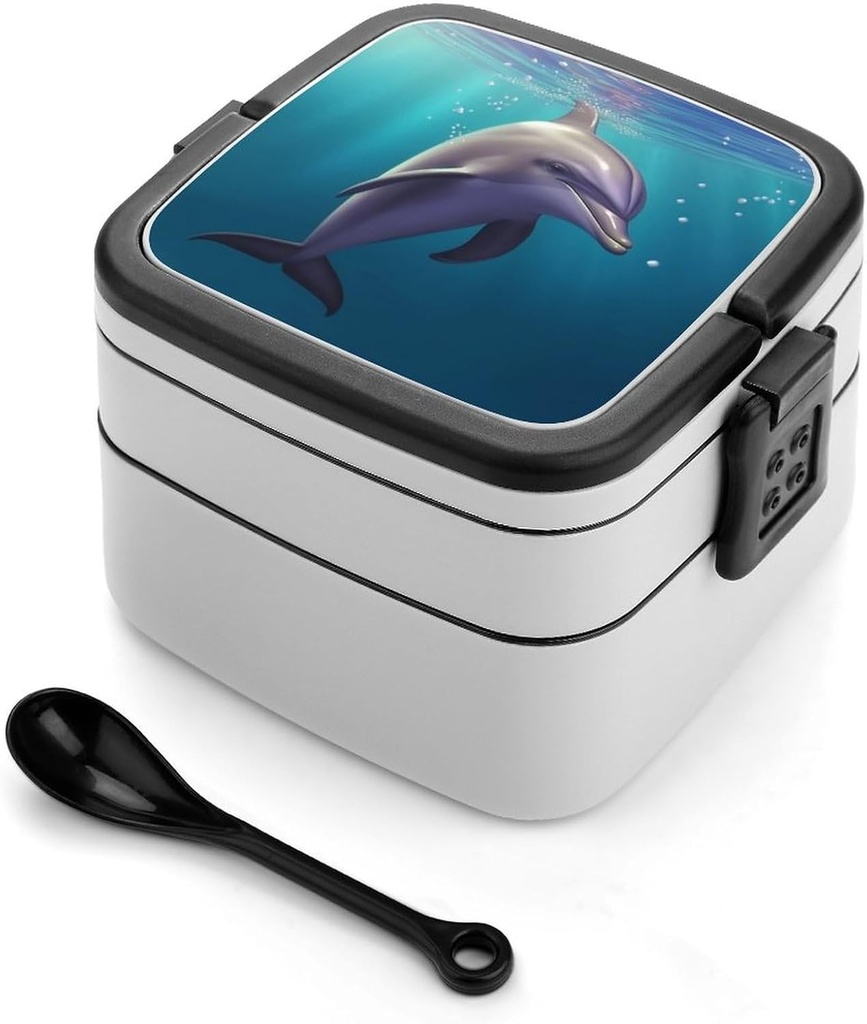 Cute Sea Animal Dolphin Bento Box with Spoon, 2-layer Stackable Lunch Box Leak Proof with Invisible Handle, Insulated Food Storage for Office, Picnic & Travel