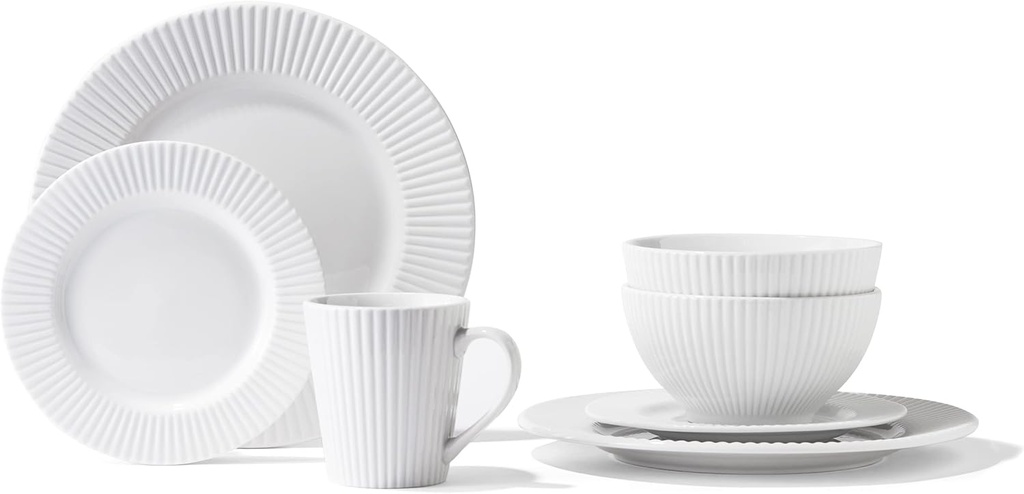 Elle Décor Reese Round Dinnerware Set – 16-Piece Porcelain Dinner Set w/ 4 Dinner Plate, 4 Salad Plates, 4 Bowls & 4 Mugs – Unique Gift Idea Any Special Occasion or Birthday, Reese White (7857-16-RB)