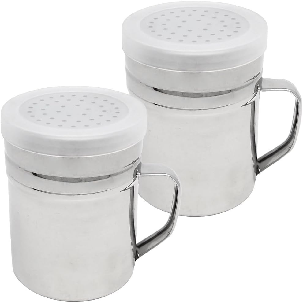 Stainless Steel Salt Pepper Dredge Shakers, 2pcs 10 Oz, Cylindrical, Food Seasoning Shakers with Handles and Plastic Covers