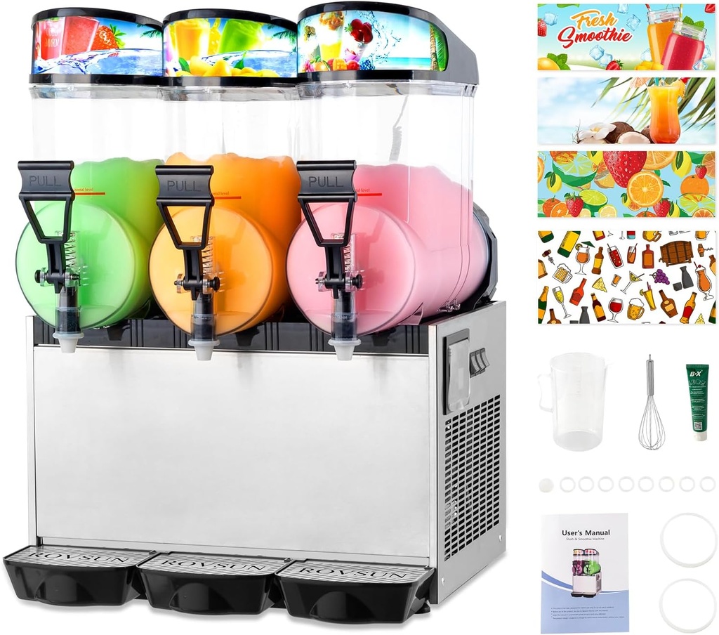 Bonnlo Commercial Slushy Maker Machine, 15L/4 Galx3 Three Tanks Frozen Drink Machine, 127 Cups Stainless Steel Smoothie Machine with Compressor, 110V 900W Slush Maker for Home, Bar, Restaurant