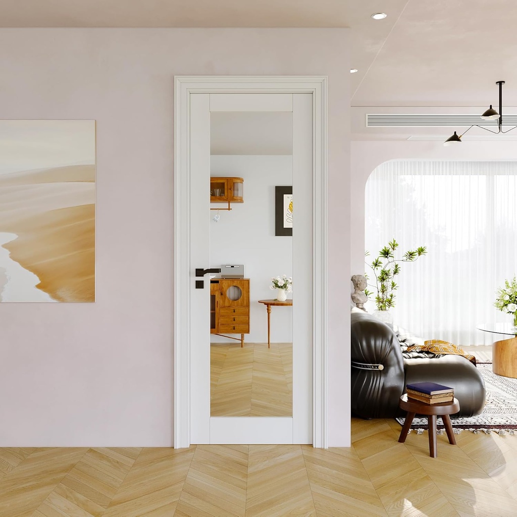 28" x 80" Slab Door, One Side Mirror Interior French Door, Pre-Finished Paintable Single Panel for Utility Room Pantry Closet as Prehung, Pocket, Bifold, Barn Doors-Shaker w/o Hardware, White Doors