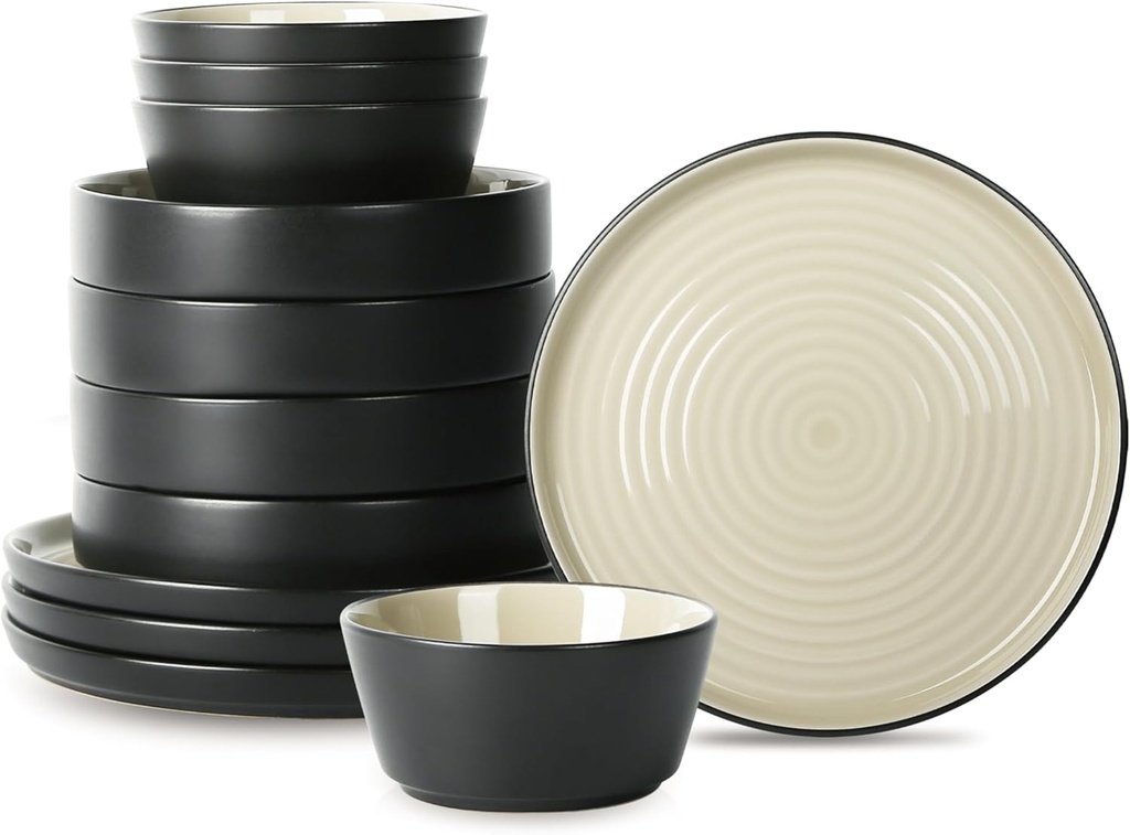 Stone Lain Elica Stoneware 12-Piece Dinnerware, Plates and Bowls Sets, Service for 4, Beige and Black, Modern Dishware, Microwave & Dishwasher Safe