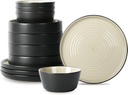 Stone Lain Elica Stoneware 12-Piece Dinnerware, Plates and Bowls Sets, Service for 4, Beige and Black, Modern Dishware, Microwave & Dishwasher Safe