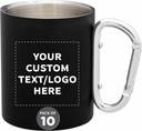 Custom Stainless Steel Mugs with Carabiner Handle 10 oz. Set of 10, Personalized Bulk Pack - Perfect for Coffee, Soda, Other Hot & Cold Beverages - Black