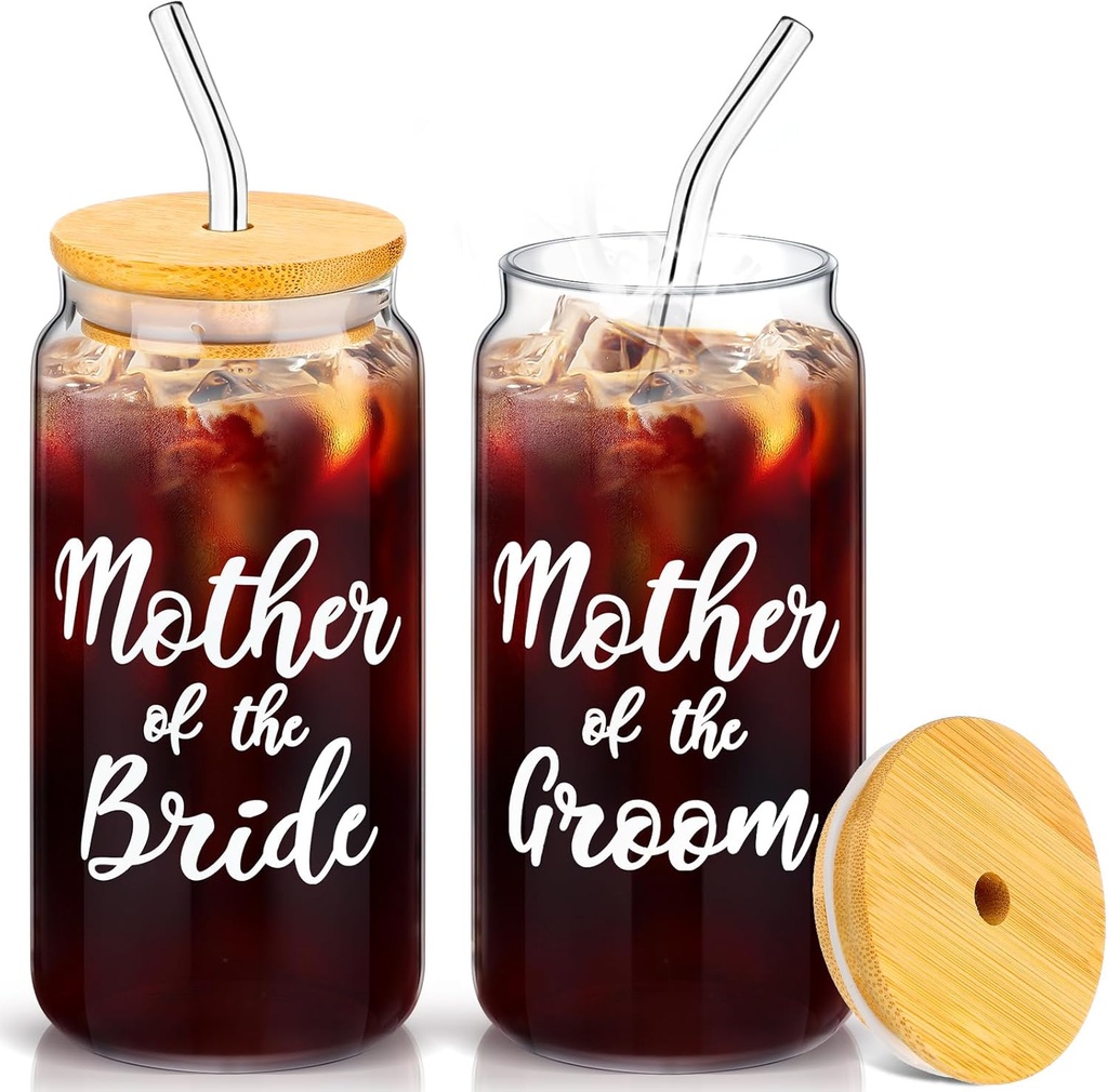 2 Sets Mother of The Groom Glass Cups with Lids and Straws, Mother of The Bride 16 oz Iced Coffee Cups, Wedding Gifts for Bride and Groom (Mother)