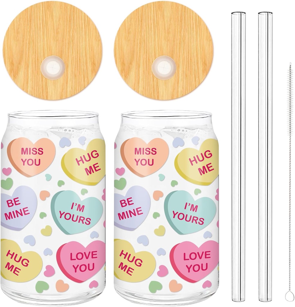 Whaline 2 Pack Valentine's Day Drinking Glasses Conversation Heart Iced Coffee Cup Colorful Heart Beer Can Glass with Lid Straw Cleaning Brush for Home Office Gifts,16oz