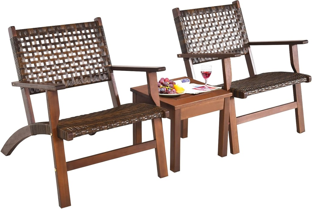 RELAX4LIFE 3-Pieces Porch Bistro Set - Outdoor Eucalyptus Wood Patio Furniture Set with Coffee Table, Outside Rattan Chairs for Poolside, Balcony, Garden, Deck, Hand-Woven PE Wicker Conversation Set