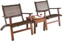 RELAX4LIFE 3-Pieces Porch Bistro Set - Outdoor Eucalyptus Wood Patio Furniture Set with Coffee Table, Outside Rattan Chairs for Poolside, Balcony, Garden, Deck, Hand-Woven PE Wicker Conversation Set