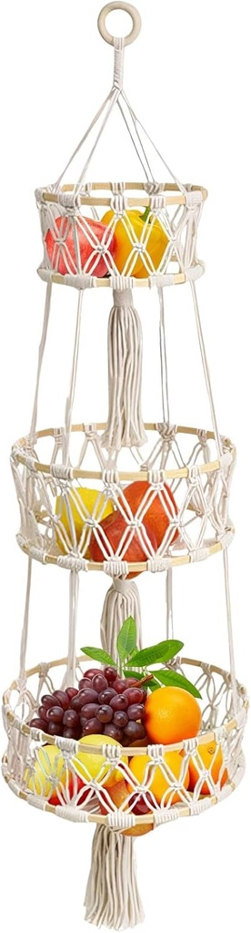 3 Tier Hanging Fruit Basket, Cotton Woven Boho Wall Basket, Hanging Fruit Storage for Kitchen Bedroom Living Room, Decorative Bohemia Decor Hanging Plant Holder