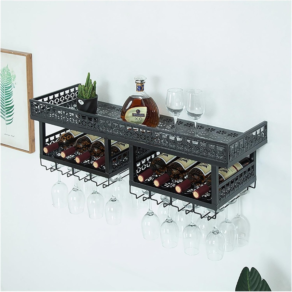 Industrial Wine Rack Wall Mounted with Wine Glass Rack,Wine Bottle Glass Holder,Iron Wine Display Storage Stand,Home Bar Shelves,Wall Shelf for Kitchen,Wine Cellar,Living Room,Black(Size:100