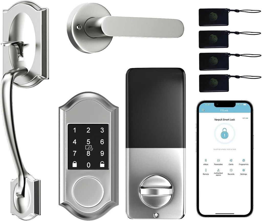 Keyless Entry Door Lock deadbolt with Handle Set, Smart Lock for Front Door, Front Door Lock Set with Smart Lock and Front Door Handle,Satin Nickel