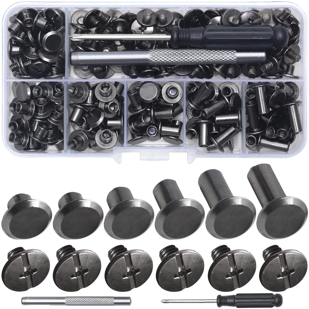 110Sets Chicago Screws Leather Rivets Assorted Screw Rivets Chicago Binding Screws for Decorate and Repair Leather Craft Belt Bag Shoes Purse Bookbinding (Gunmetal Black, M5*4,5,6,8,10,12)