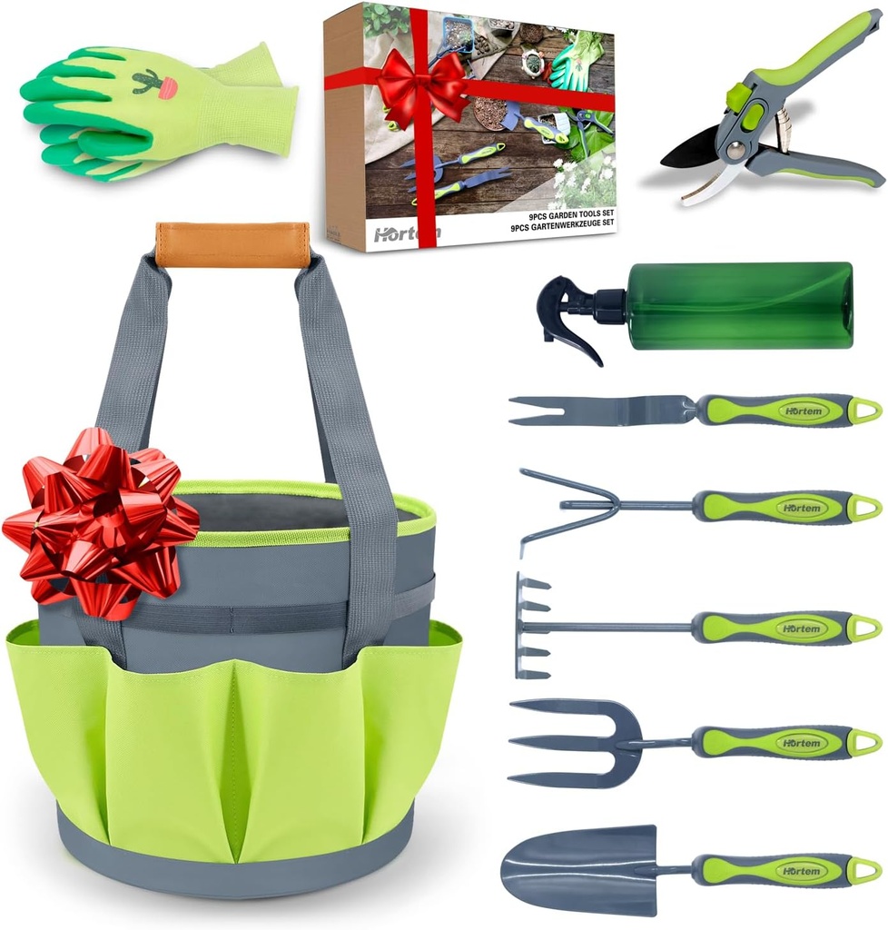 Garden Tool Set, 9 Pieces Steel Hand Tools Heavy Duty with Tote Bag, Must-Have Garden Tool Set, Special Gardening Set Women Gift, Gardening Planting Tool Set Organizer