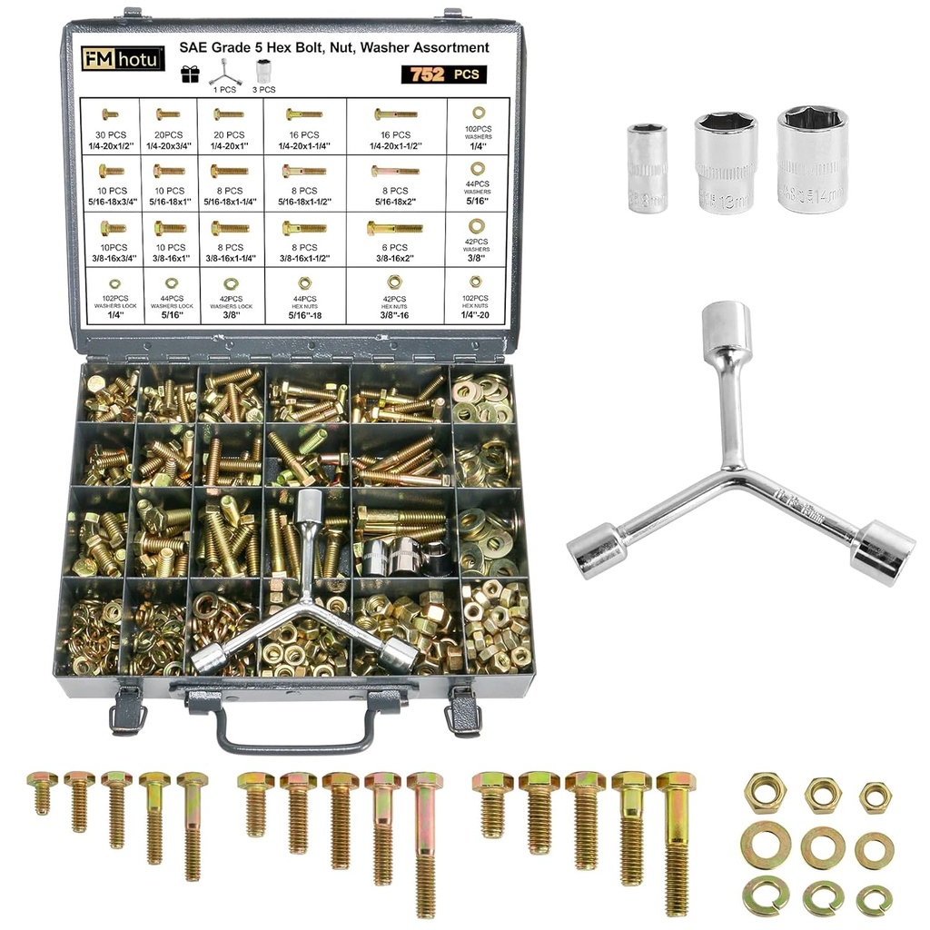 752Pcs Nuts and Bolts Assortment Kit, 15 Sizes Includes 1/4-20 5/16-18 3/8-16, SAE Grade 5 Alloy Steel Hex Cap Screws Nuts Washers with Wrenches Assortment Kit THLSTZ536pcs
