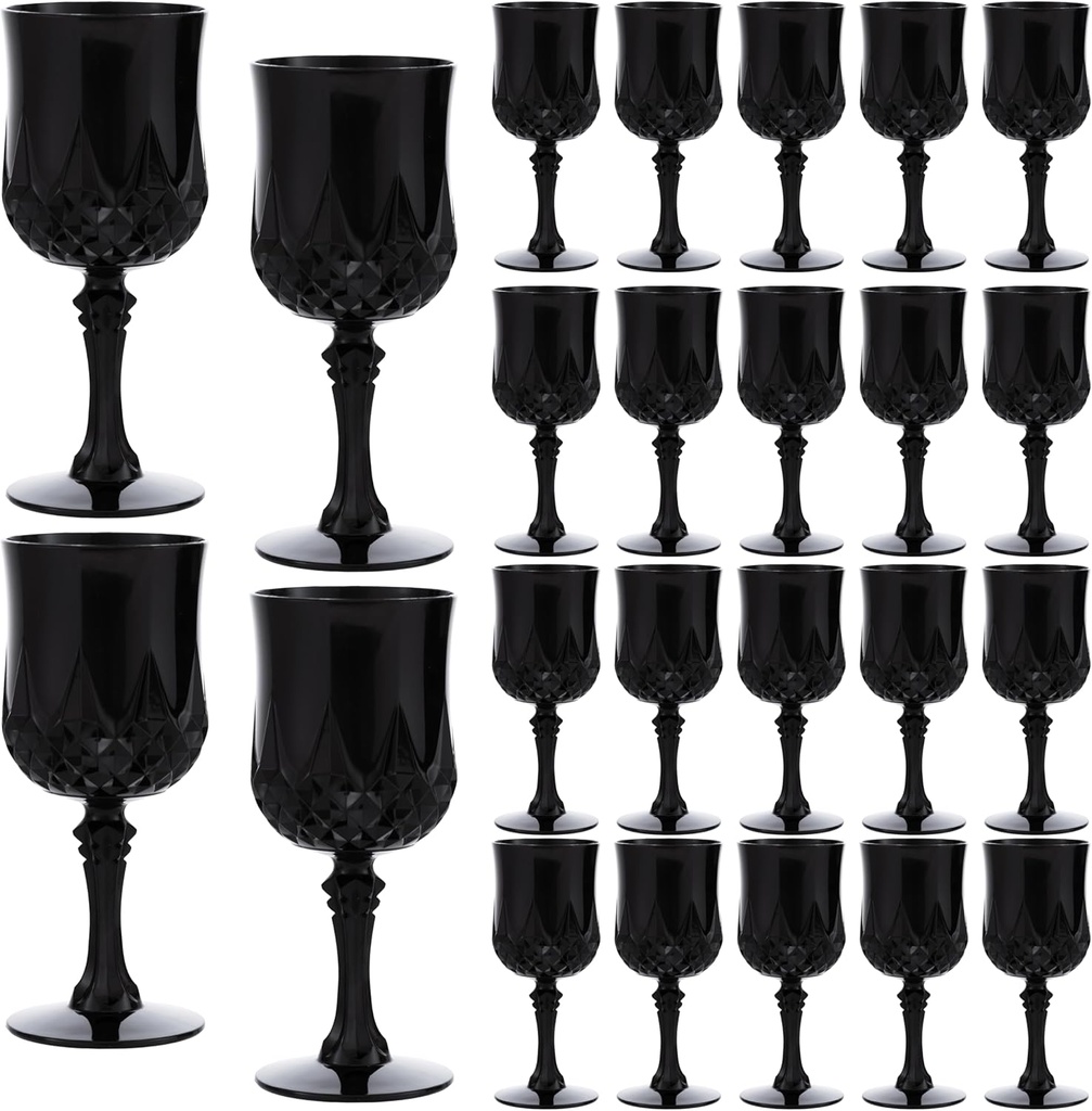 JLYLOL Plastic Vintage Wine Glasses 7OZ Plastic Goblets Vintage Drinking Glasses 24PCS Retro Wedding Glassware Water Goblets Reusable Drinking Cups for Party,Reception,Celebration,Bar,Whiskey(Black)