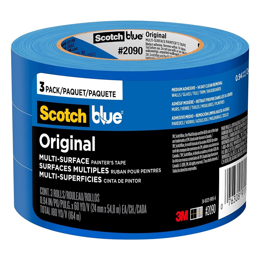 ScotchBlue Original Multi-Surface Painters Tape, 1 Inch Wide (0.94 in. x 60 Yds), 3 Rolls, Blue Paint Tape Protects Surfaces and Removes Easily, Masking for Indoor and Outdoor Use (2090-24EC3)