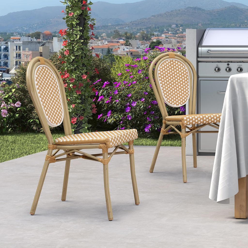 PURPLE LEAF Patio Dining Chair Set of 2 Outdoor French Aluminium Frame in Champagne Finish with Amber & White Woven Rattan for Indoor Kitchen Deck Bistros Cafe Restaurant