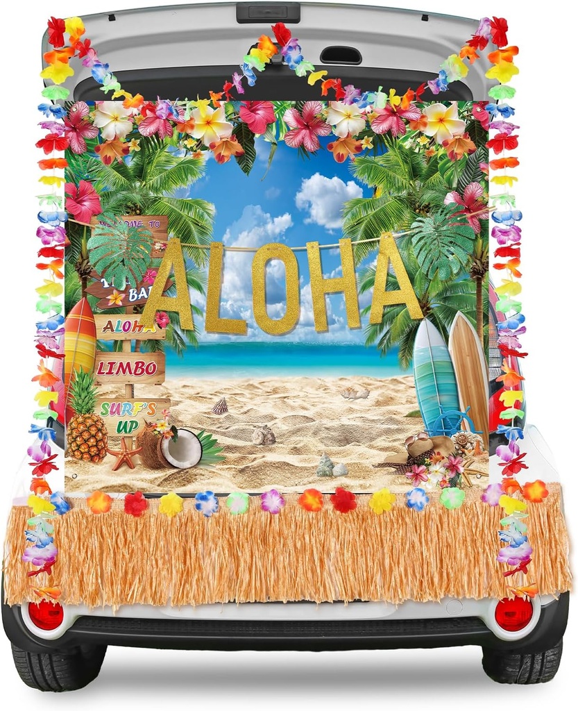 Panelee 4 Pcs Hawiian Trunk or Treat Aloha Car Decorations Kit Halloween Themed Design Car Archway Garage Decoration with Hawaiian Backdrop Aloha Banner Table Skirt for Halloween Decoration Outdoor