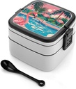 Flamingo And Swimming Pool Bento Box with Spoon, 2-layer Stackable Lunch Box Leak Proof with Invisible Handle, Insulated Food Storage for Office, Picnic & Travel