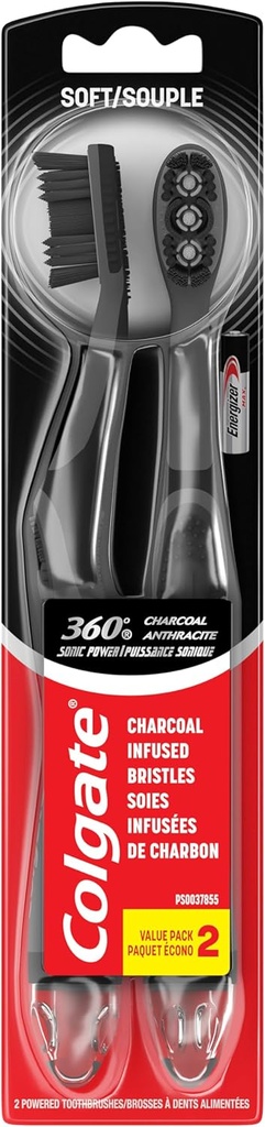 Colgate 360 Vibrate Charcoal Battery Operated Toothbrush Pack, Soft with 1 AAA Battery Included, Black, 2 Count