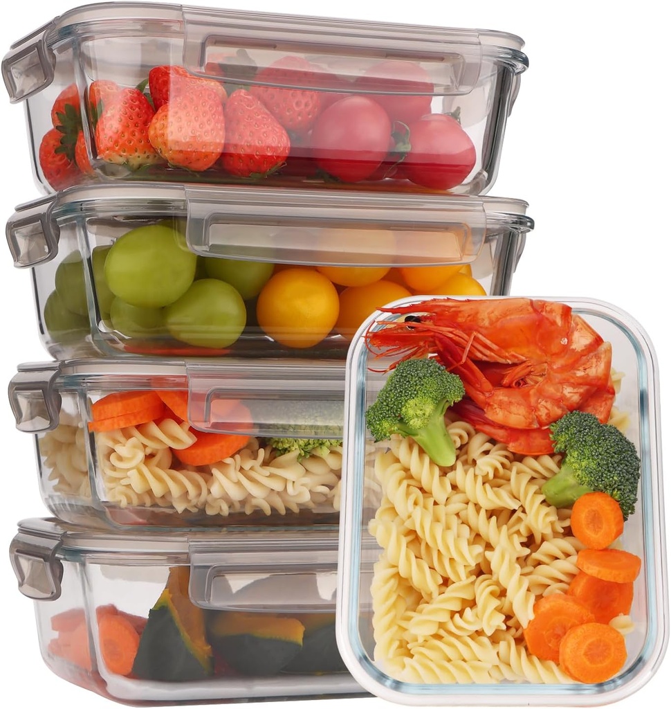 5-Pack Glass Storage Containers,Glass Food Container with Lid,Lunch Box,Bento Box,Storage Box,Meal Prep Containers,Lunch Containers, Fruit Preservation Boxes-Light Gray