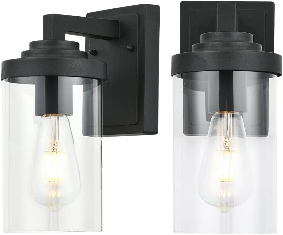 Outdoor Indoor Wall Sconce Set of 2, Modern Exterior Wall Lantern with Clear Glass, Black Outside Lighting Wall Mount for Porch Patio Bathroom Vanity
