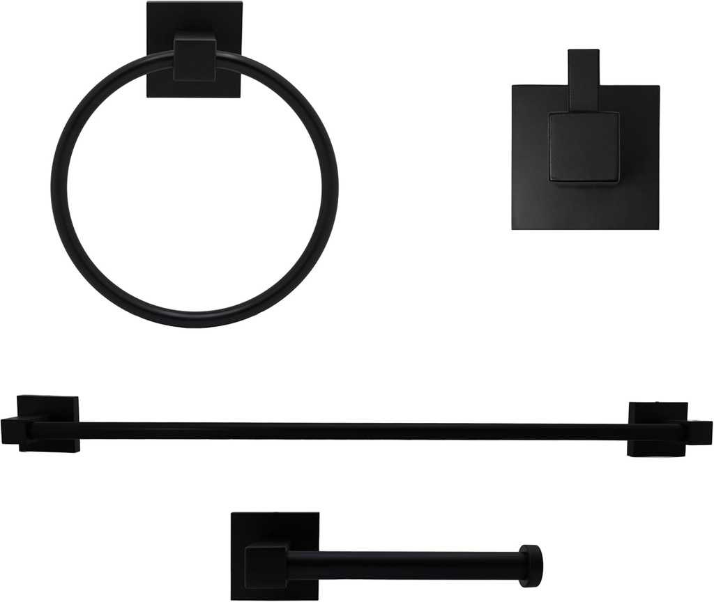 Westbrass A102-62 4-Piece Concealed Scew Mount Bathroom Hardware Set – 24 Inch Towel Bar, Toilet Paper Holder, Towel Ring & Robe Hook, Matte Black