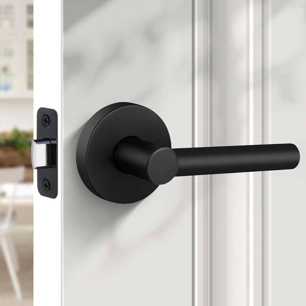 Keyless Passage Door Lever, Heavy Duty Door Handle, Round Non-Locking Door Lock for Hallway or Closet, Reversible for Right & Left Sided Doors -Matte Black Finish