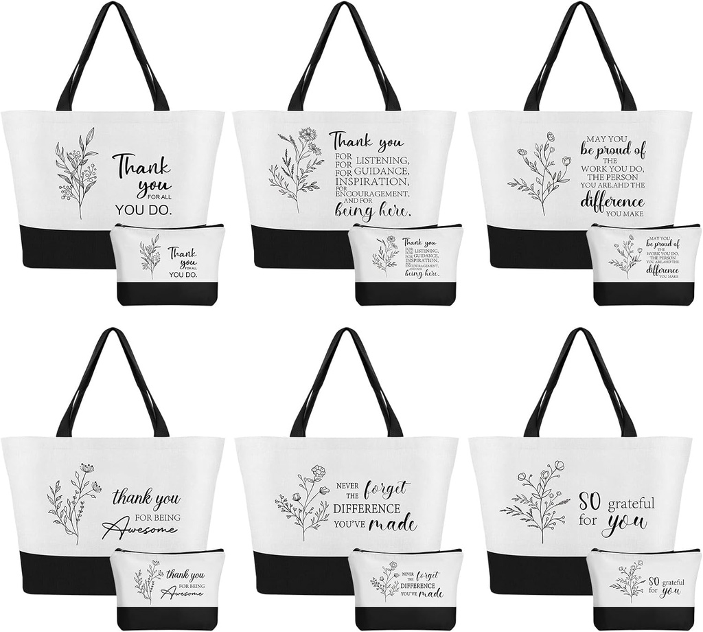 12 Pcs Employee Appreciation Canvas Tote Bags for Women - Floral Thank You Canvas Gifts Bags with Zipper for Teacher Coworker Nurse Thanksgiving Christmas Grocery Bags (6 Large & 6 Small)