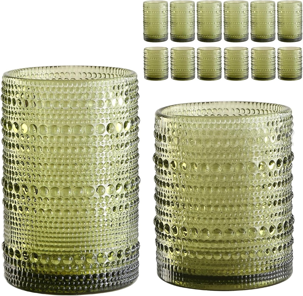 Vintage Glassware Drinking Glasses Set of 12,Green 12oz & 15oz Hobnail Glass Cups,Embossed Water Tumbler,for Beer,Cocktail,Whiskey,Juice and Various Mixed Drinks- 1 Cleaning Brush